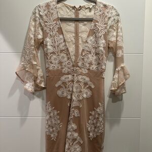 For Love & Lemons Blush Nude Embroidered Lace V-Neck Dress